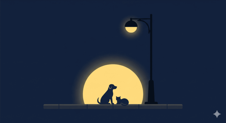 An image of a dog and a cat, at night, sitting below a lamp.